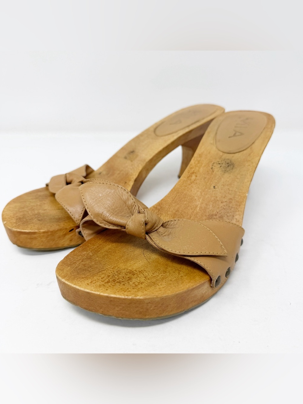 MIA Brown Leather Bow Slides Wood Soles Size 10 Kitten Heels Y2K 90s Girl